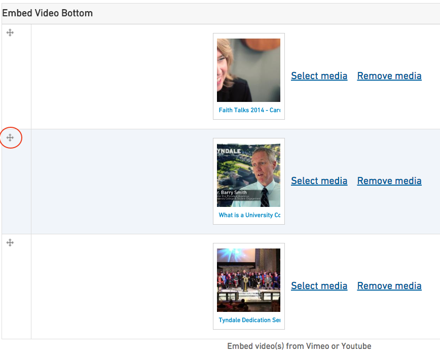 Form field for embedding multiple videos showing handles for reordering