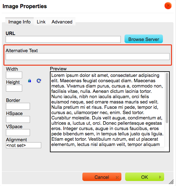 Text editor image properties dialogue with alt text box highlighted