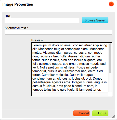Image properties dialogue box